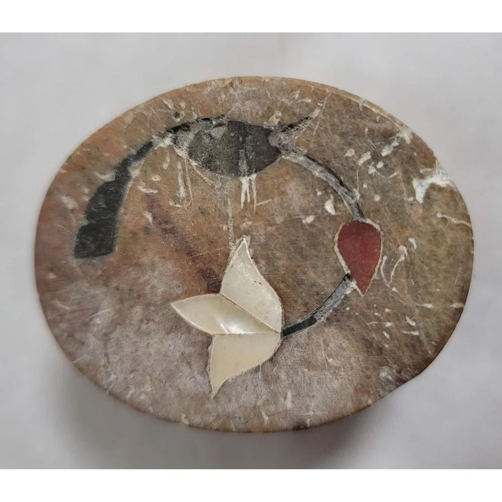 Beige Stone Trinket Box Oval‎ Mini Carved Floral Inlay Decor Gift Rustic